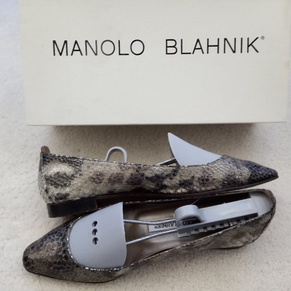 Manolo Blahnik Shoes - MANOLO BLAHNIK Ballerina Flats - Metallic Grey Snakeskin -- Size 5.5